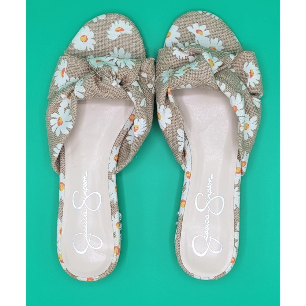 NWOB Jessica Simpson Sashara Slide Burlap Daisy Flowers Sandal Size 7.5 Boho Tan